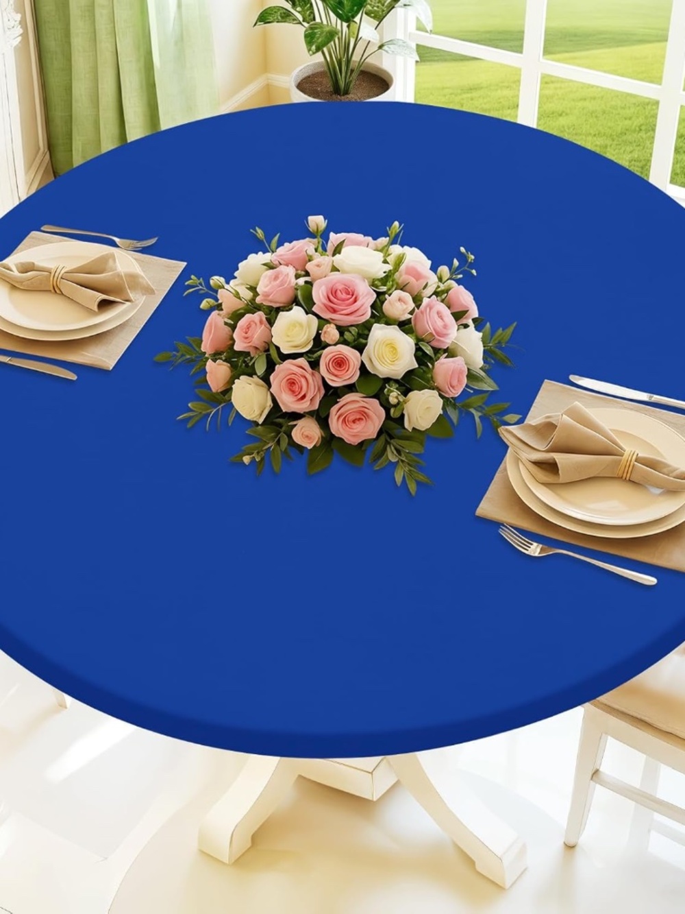 Set of 10 Blue Round Spandex Tablecloth for 45"-56" Tables